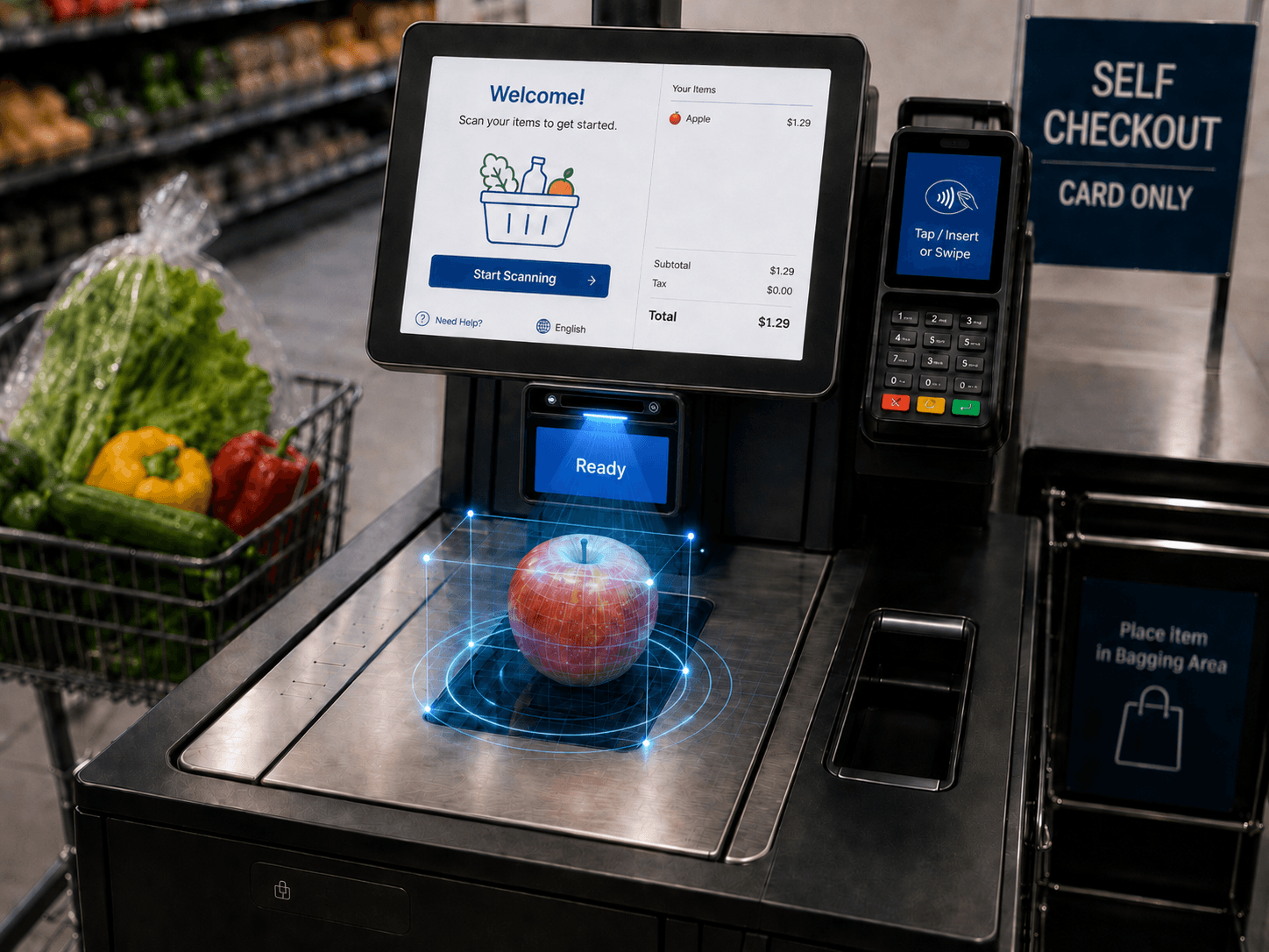 AI produce recognition detecting items with labeled computer-vision boxes