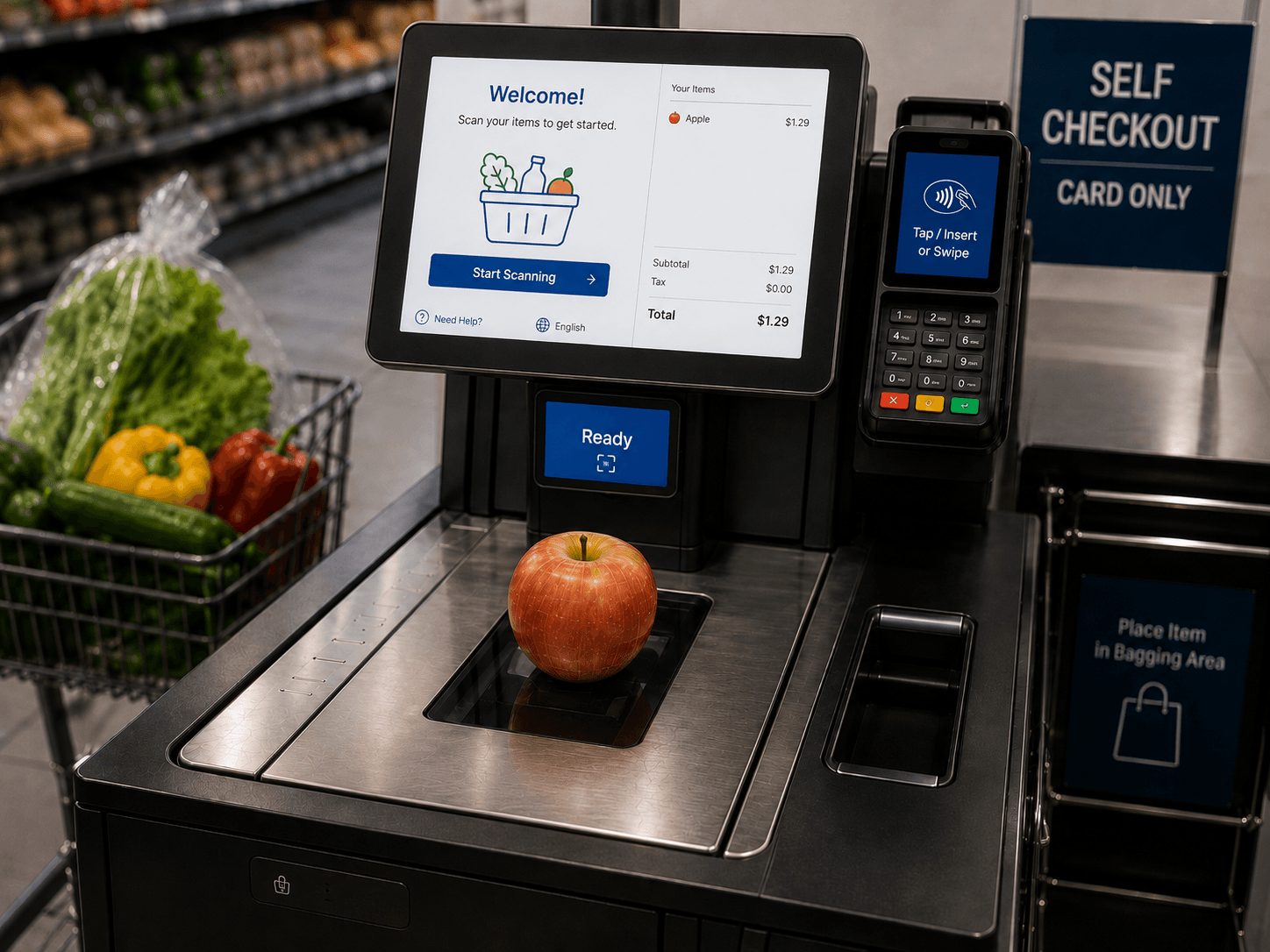 Customer placing an apple on a Shalyx self-checkout produce scanner scale