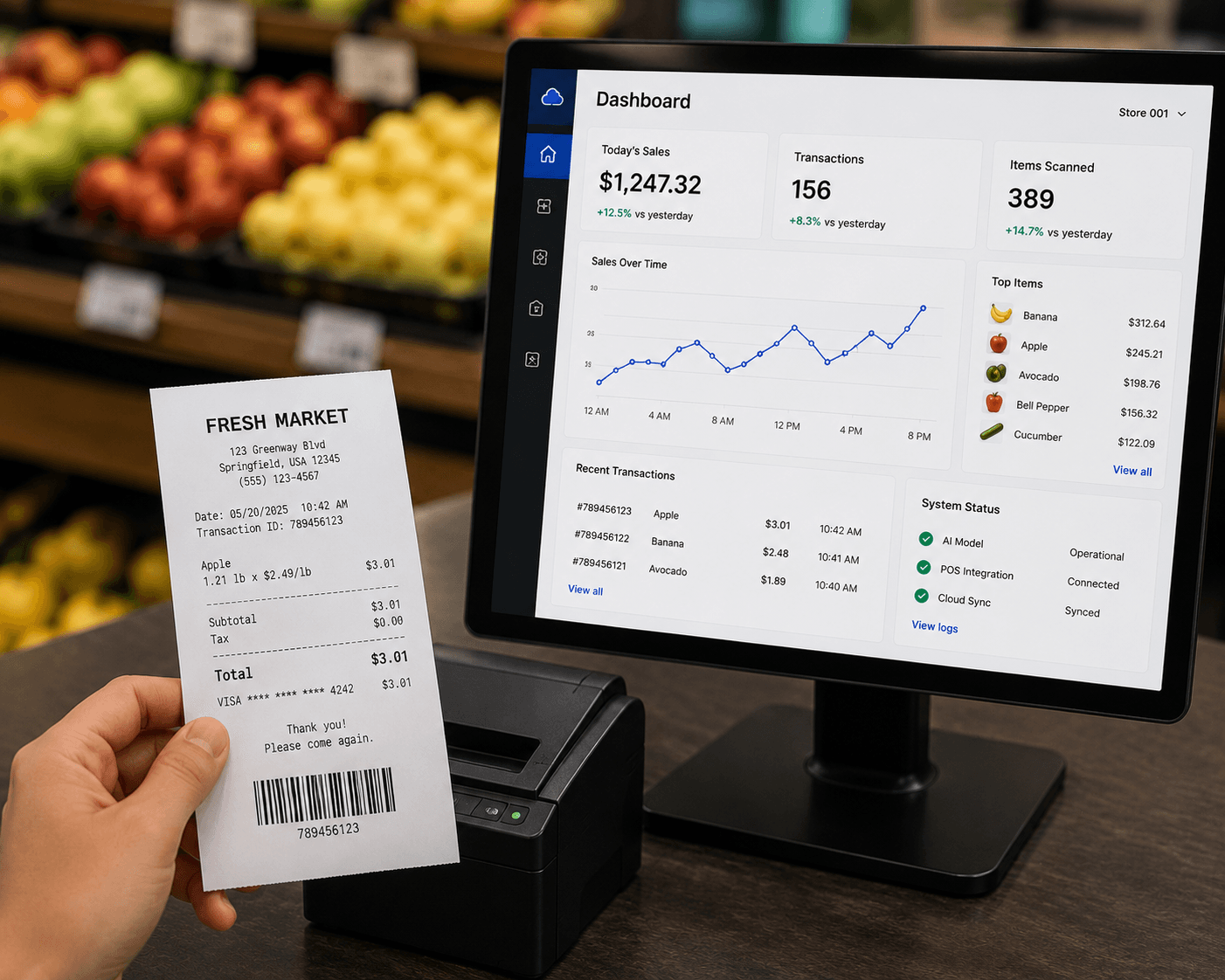 Self-checkout kiosk showing the identified produce item and its PLU price